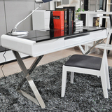 白色钢琴烤漆电脑桌 家用电脑台 办公书桌组合黑玻璃写字台