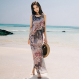 夏季雪纺印花无袖背心连衣裙波西米亚修身长裙韩国海边度假沙滩裙