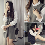韩版春季新款女学院风长袖假两件套宽松显瘦连衣裙衬衫学生