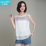 2016夏季韩版新款女装T恤 印花镂空露肩无袖假两件双层雪纺上衣