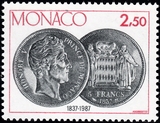 摩纳哥邮票1987年 钱币艺术系列 1全雕刻版全品