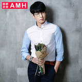 AMH男装韩版2016春装新款青年修身扣领尖领衬衫男长袖PA3211薬