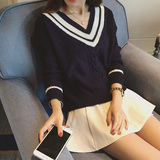春季新款V领套头毛衣女短款韩版学院风学生撞色麻花海军风针织衫