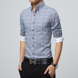 2015春季新款海蓝之家男装格子长袖衬衫韩版修身青年商务纯棉衬衣