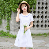 少女夏装韩版复古学院风格子中长款学生小清新收腰显瘦棉麻连衣裙