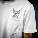 夏季日系男装青少年口袋圆领短袖 男士复古小猫刺绣T恤学生情侣装