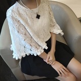 2016春夏新品女装韩版蕾丝喇叭袖娃娃衫上衣性感宽松雪纺衫七分袖