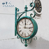 地中海风双面挂钟客厅大号铁艺做旧钟表旋转美式复古墙壁创意装饰