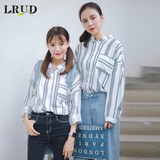 LRUD2016秋季新款韩版立领BF风条纹衬衫女百搭宽松休闲长袖衬衣