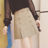 16新款韩国双排扣半身裙夏OL气质纯色高腰包臀裙短裙a字裙卡其