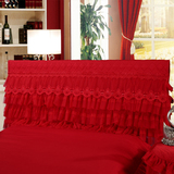婚庆大红色床头罩全棉绗绣蕾丝夹棉纯色床头柜罩枕套床品单品包邮
