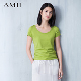 Amii2016夏季大圆领口低领半袖女士纯色百搭打底衫纯棉t恤女短袖