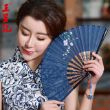 王星记手绘棉麻扇子 中国风折扇女 和风女式绢扇日式扇特色中国扇