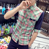 夏季韩版男士短袖衬衫修身型衬衣潮男装格子寸衫学生上衣五分袖潮