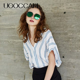 UGOCCAM2016夏季女装时尚V领宽松简约条纹衬衫不规则下摆衬衫
