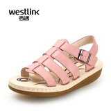Westlink/西遇罗马凉鞋平底女鞋秋季一字式扣带舒适柔软头层牛皮