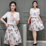 2016韩国夏装雪纺印花套装裙两件套修身显瘦连衣裙中长款蓬蓬裙潮