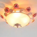 玻璃灯罩吸顶灯田园风格花草灯粉色玫瑰花朵温馨浪漫婚房卧室灯具