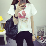 t恤女夏季2016新款潮流学生短袖上衣服韩版可爱猫头夏天女姐妹装
