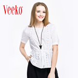 Veeko2016夏装新款 甜美纯棉上衣镂空绣花蕾丝拼接短袖衬衫女夏薄