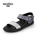 Westlink西遇夏季新款女鞋金属感亮片厚底一字魔术贴女凉鞋夏