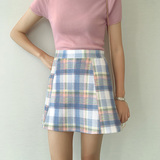 夏季新款韩版女装减龄拼色格子纹显瘦短裙高腰修身A字半身裙+J412