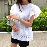 SZ韩国官网正品代购女装2016夏新款纯色蕾丝镂空飞飞袖衬衫JU18
