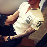 夏季男士短袖t恤V领潮流韩版修身社会人精神小伙青年夜店半袖体恤