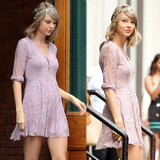 欧美明星同款Taylor Swift纽约街拍Reign Over Me紫色蕾丝连衣裙