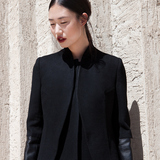 LUCIE LUO原创独立设计师品牌女装黑色羊毛拼羊皮修身大衣