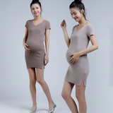 韩版孕妇装短袖针织衫中长款V领孕妇连衣裙弹力修身孕妇打底衫潮