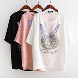 2016夏季女装新款韩版百搭宽松大码猫咪圆领短袖雪纺T恤衬衫上衣