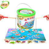 儿童磁性钓鱼玩具捕鱼桶装木制小猫钓鱼竿拼图板宝宝早教益智游戏