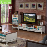 欧式田园实木电视柜美式复古电视柜茶几组合地中海做旧客厅地柜