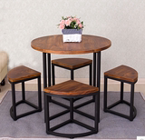 协发餐桌 经济型组装艺术原木美式乡村金属铁做旧木4人圆形餐桌椅