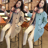 代购2015秋冬新款韩版女装中长款时尚加厚羊毛呢子大衣纯色呢外套