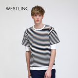 Westlink/西遇2016秋季新款 条纹假两件短袖套头圆领宽松男T恤潮