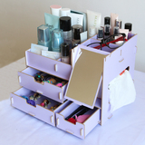 多功能桌面化妆品收纳盒带抽屉置物架带镜子木质纸巾盒整理箱大号
