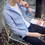 春秋季条纹衬衫男式青少年学生修身连帽长袖衬衣男外穿休闲外套潮