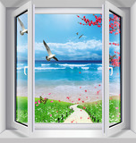 新款墙贴 假窗装饰贴 假窗贴 3D立体墙贴 唯美海滩 海鸥 草地