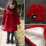 女童韩版冬季加绒加厚加厚棉裙圣诞新年大红色连衣裙配小鸟包