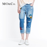 MO&Co.牛仔裤女 夏装卡通贴布流苏绣直筒长裤时尚MA152JEN21moco