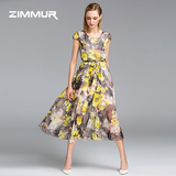 ZIMMUR2016夏装新款女装圆领无袖中腰修身显瘦印花雪纺连衣裙长裙
