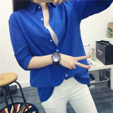 2016夏装新款蓝色衬衫女纯棉长袖宽松韩范休闲衬衣中长款披肩上衣