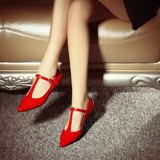 特价2015秋季单鞋红色结婚鞋尖头漆皮鞋浅口平底鞋T型带真皮女鞋