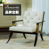出口简约现代美式真皮沙发实木单人椅进口意大利头层牛皮白色现货