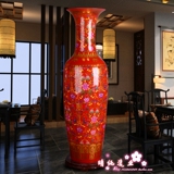 景德镇陶瓷现代时尚客厅 中国红色描金高档瓷瓶大号落地花瓶摆件