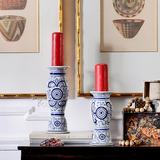 奇居良品 中国风明清古典家居桌面装饰摆件青花釉下彩陶瓷蜡烛台