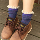 两条杠花边复古堆堆袜子女冬季毛线针织中筒纯棉蕾丝风短靴袜袜套