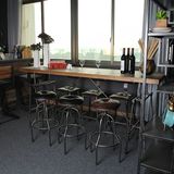 LOFT工业美式做旧休闲咖啡厅高吧台桌复古实木靠窗墙长长条餐桌椅